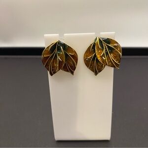 Stunning Leaf-Shaped Enamel Earrings in Amber Gold